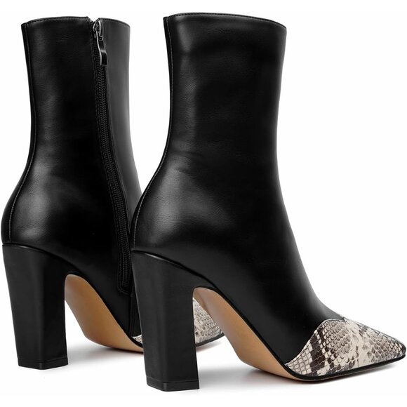 Women's Black Ankle Boots Square Toe High Block Chunky Heel Snakeskin Booties - Picture 5 of 7